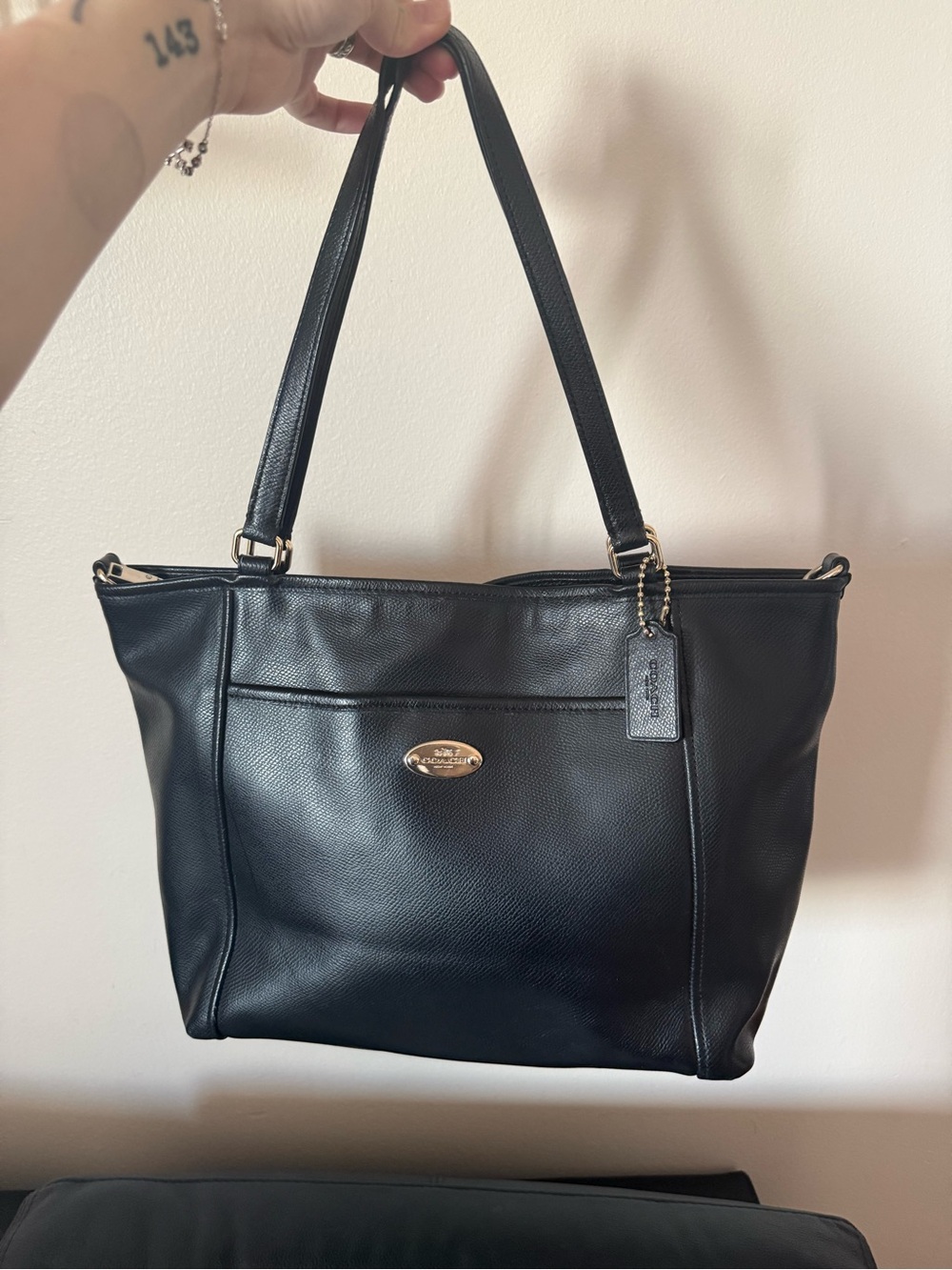 Coach Black Leather Shoulder Tote with Gold Accent